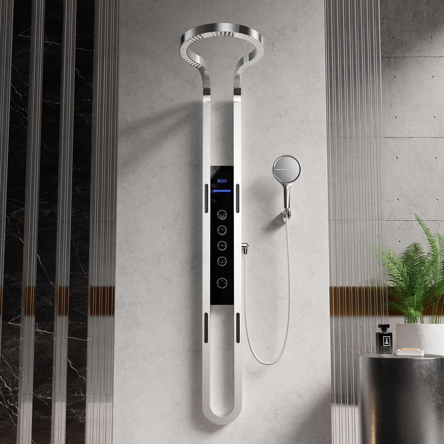 LED Bathroom Shower Faucet Set, Ceiling Mounted Rainfall Waterfall Thermostatic Shower Faucet Kit