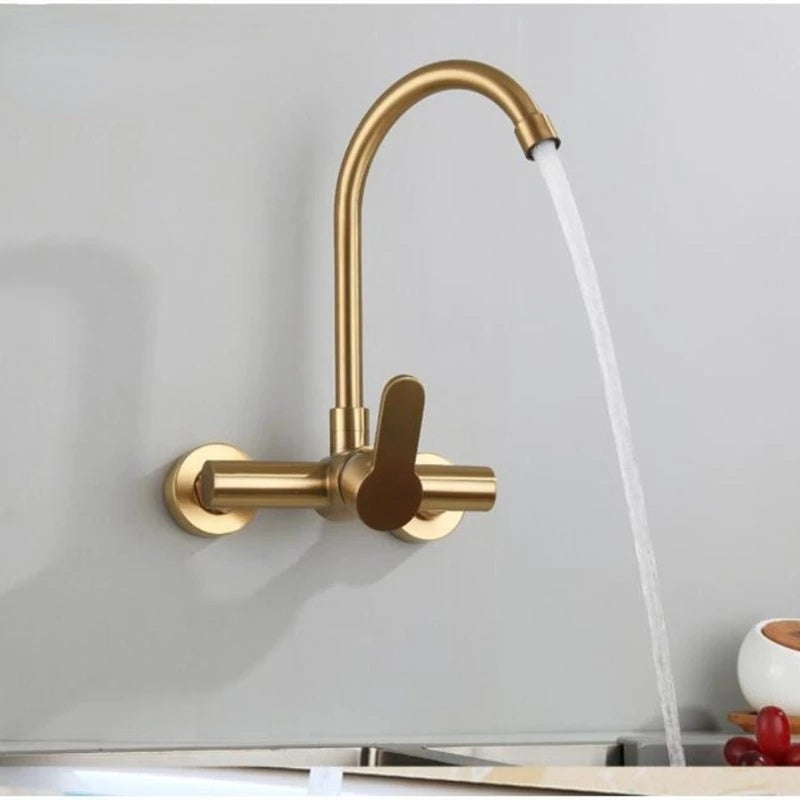 Brushed Gold Kitchen Faucet Swivel Pot Filler Tap Wall Mounted Hot and Cold Sink Tap Rotate Spout Stainless Steel