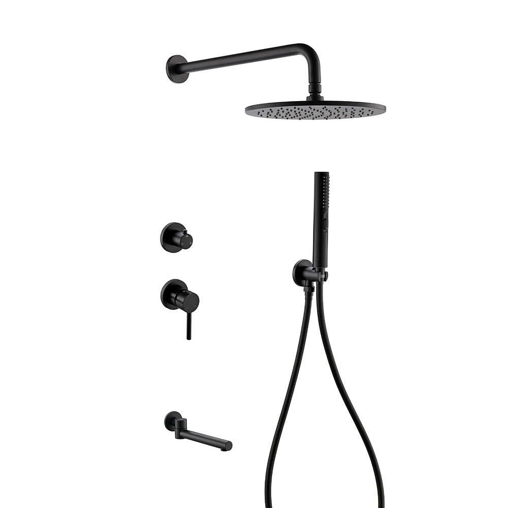 Brass Matte Black Wall Embed Mount 3-Function Concealed Shower System 10 Inch Top Rain Spray Bathroom Faucet