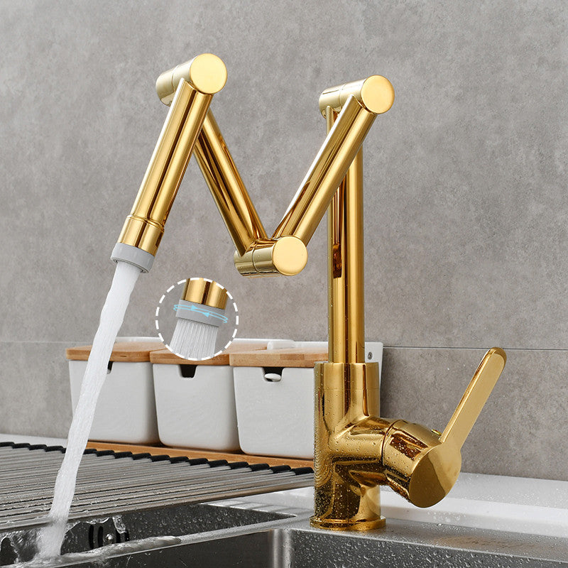 Brushed Gold Kitchen Sink Faucets Hot & Cold Soild Brass Folded Mixer Tap Single Handle Deck 360 Degrees Rotating Black/Chrome