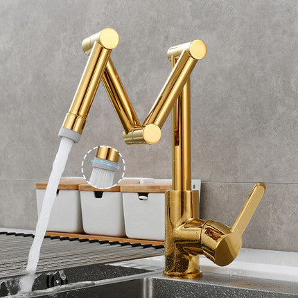 Brushed Gold Kitchen Sink Faucets Hot & Cold Soild Brass Folded Mixer Tap Single Handle Deck 360 Degrees Rotating Black/Chrome