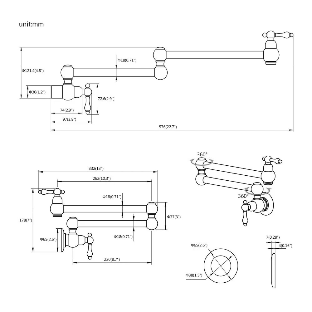 Pot Filler Tap Wall Mounted Foldable Brushed Gold Kitchen Faucet Single Cold Sink Tap Rotate Folding Spout Chrome Brass