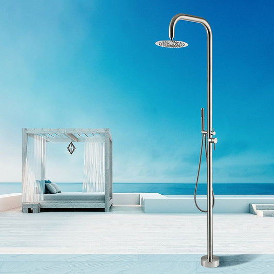 Freestanding Outdoor Shower Faucet Kit with Detachable Shower Head, Brushed Gold Stainless Steel Deck Mounted Shower Set for Poolside, Patio, and Backyard