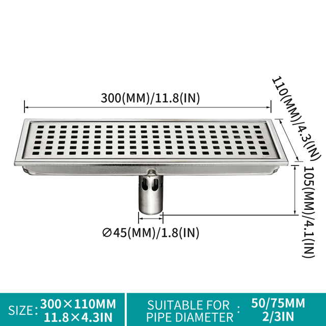 High Quality Steel Shower Drains for Tile Inserted Deodorant Floor Drain Brushed Finish Removable Cover Grid Grate